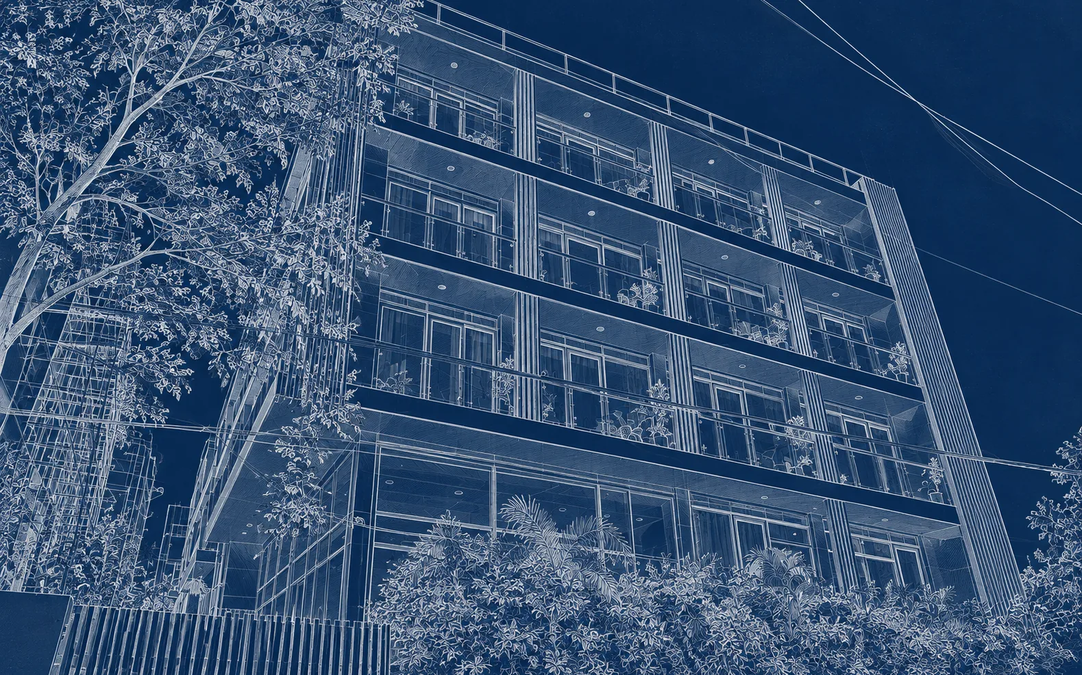 Architectural study of the proposed Delhi founder campus: five stacked floors of glazed balconies behind vertical fins, framed by a mature tree and street-level planting.